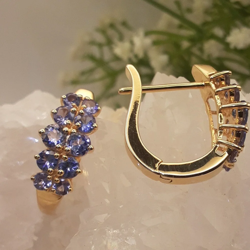 Yellow Gold Over 925, Genuine Tanzanite Hoop Earrings. - Picture 1 of 5